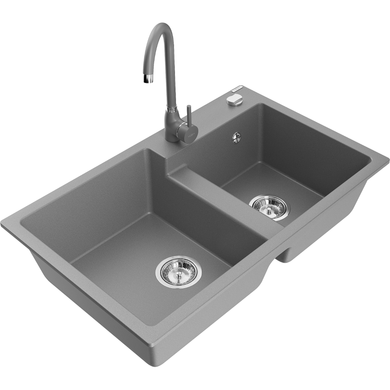 Mexen Tomas granite kitchen sink 2-bowl with Telma kitchen tap, grey - 6516-71-670200-71