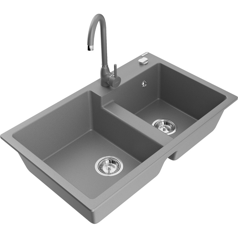 Mexen Tomas granite sink 2-compartment with Telma kitchen faucet, gray - 6516-71-670200-71