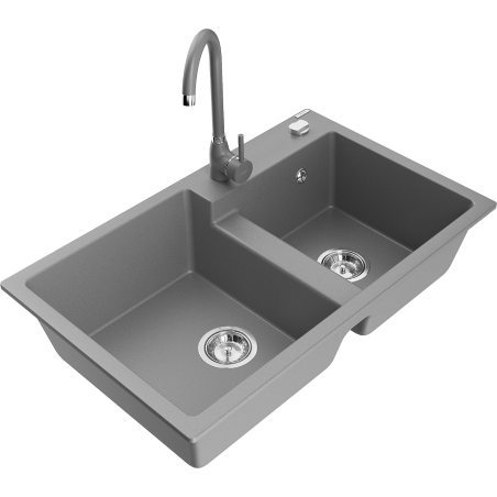 Mexen Tomas granite kitchen sink 2-bowl with Telma kitchen tap, grey - 6516-71-670200-71