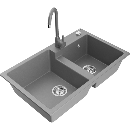 Mexen Tomas granite sink 2-compartment with Telma kitchen faucet, gray - 6516-71-670200-71