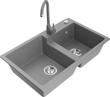 Mexen Tomas granite sink 2-compartment with Telma kitchen faucet, gray - 6516-71-670200-71