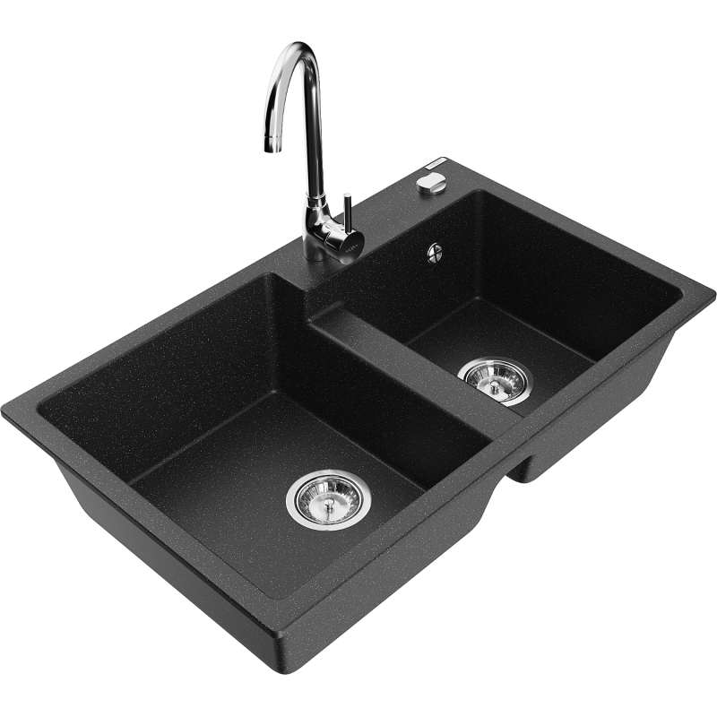Mexen Tomas 2-compartment granite sink with a kitchen mixer tap Telma, Black/Silver metallic - 6516-73-670200-00