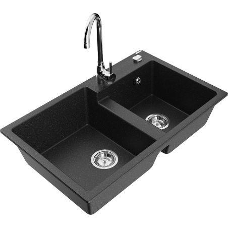 Mexen Tomas granite double-bowl kitchen sink with Telma faucet, black/silver metallic - 6516-73-670200-00