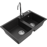 Mexen Tomas granite sink 2-bowl with kitchen faucet Telma, black/silver metallic - 6516-73-670200-00