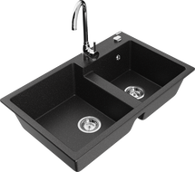 Mexen Tomas granite double-bowl kitchen sink with Telma faucet, black/silver metallic - 6516-73-670200-00