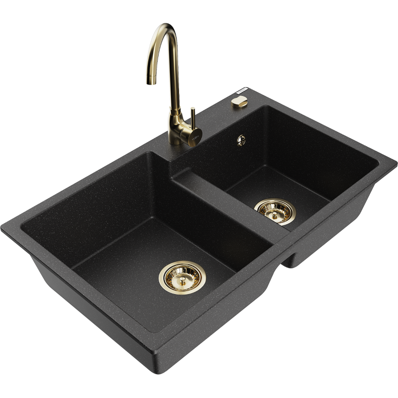 Mexen Tomas 2-bowl granite sink with Telma kitchen tap, black/silver metallic - 6516-73-670200-50
