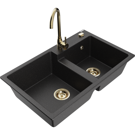 Mexen Tomas 2-bowl granite sink with Telma kitchen tap, black/silver metallic - 6516-73-670200-50
