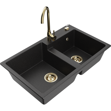 Mexen Tomas 2-chamber granite sink with Telma kitchen faucet, black/silver metallic - 6516-73-670200-50
