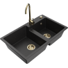 Mexen Tomas granite double-bowl sink with Telma kitchen faucet, black/silver metallic - 6516-73-670200-50