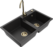 Mexen Tomas 2-bowl granite sink with Telma kitchen tap, black/silver metallic - 6516-73-670200-50