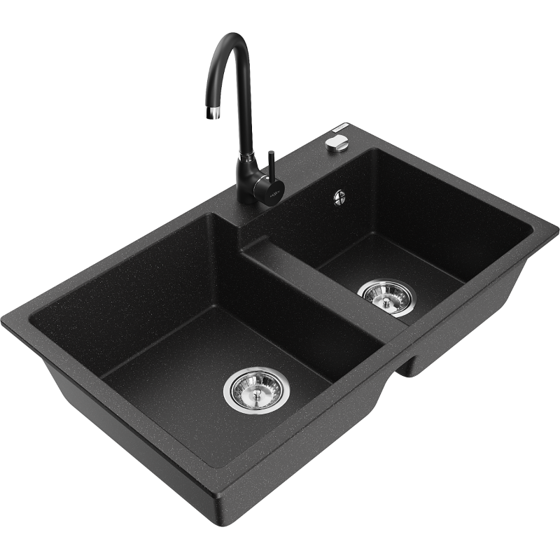 Mexen Tomas 2-compartment granite sink with a kitchen mixer tap Telma, Black/Silver metallic - 6516-73-670200-70