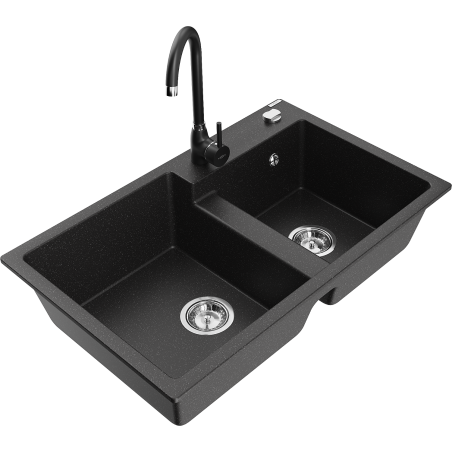Mexen Tomas 2-bowl granite sink with Telma kitchen faucet, black/silver metallic - 6516-73-670200-70