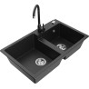 Mexen Tomas granite double-bowl sink with Telma kitchen faucet, black/silver metallic - 6516-73-670200-70