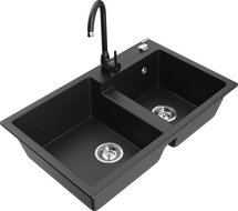 Mexen Tomas granite double-bowl sink with Telma kitchen faucet, black/silver metallic - 6516-73-670200-70