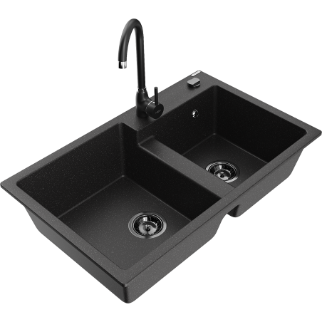 Mexen Tomas 2-bowl granite sink with Telma kitchen faucet, black/silver metallic - 6516-73-670200-70-B