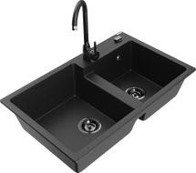 Mexen Tomas granite 2-bowl kitchen sink with Telma kitchen faucet, black/silver metallic - 6516-73-670200-70-B