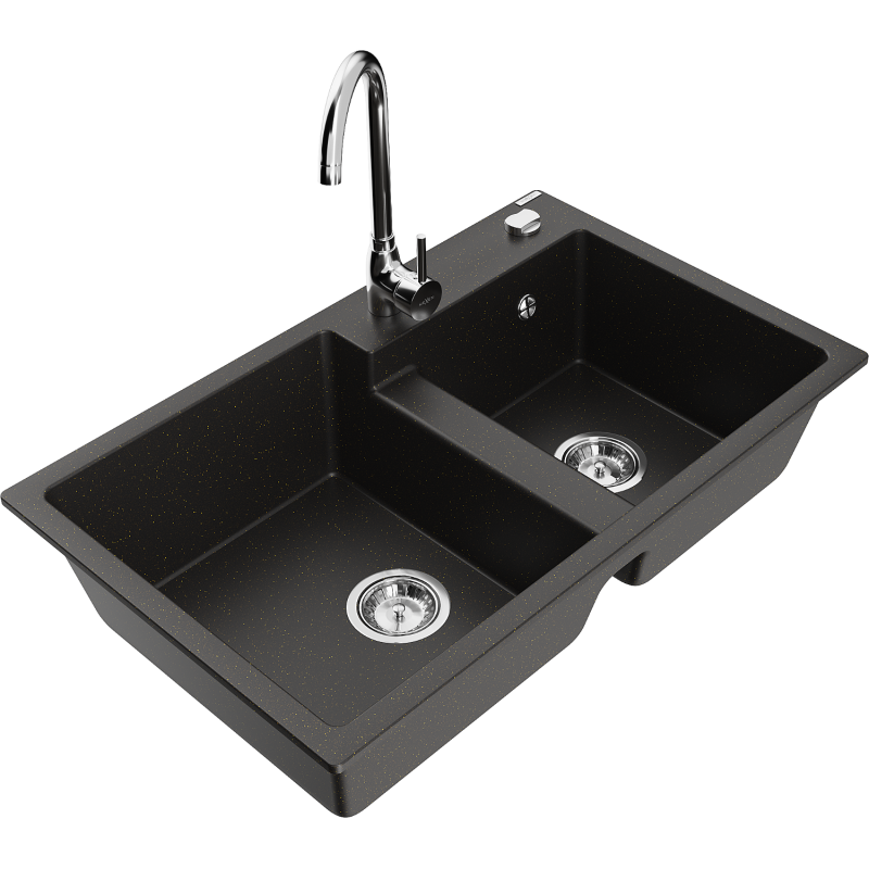 Mexen Tomas 2-compartment granite sink with a kitchen mixer tap Telma, Black/Gold metallic - 6516-75-670200-00