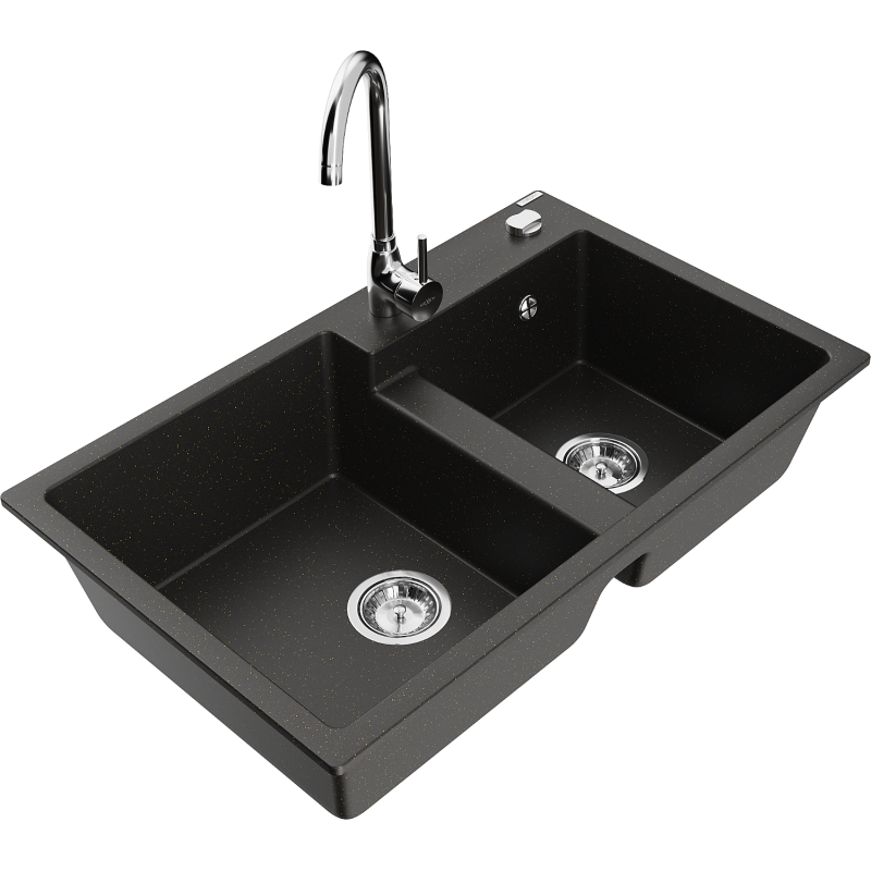 Mexen Tomas granite kitchen sink 2-bowl with Telma kitchen tap, black/gold metallic - 6516-75-670200-00