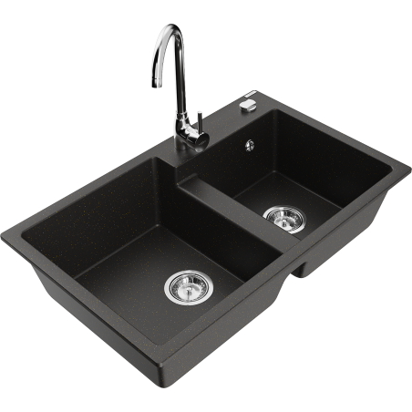 Mexen Tomas granite 2-bowl kitchen sink with Telma faucet, black/gold metallic - 6516-75-670200-00