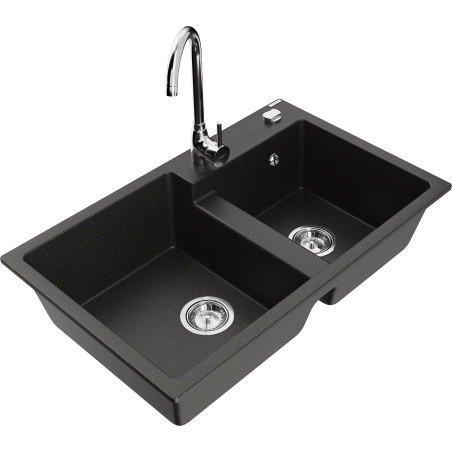 Mexen Tomas granite kitchen sink 2-bowl with Telma kitchen tap, black/gold metallic - 6516-75-670200-00