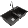 Mexen Tomas granite kitchen sink 2-bowl with Telma kitchen tap, black/gold metallic - 6516-75-670200-00