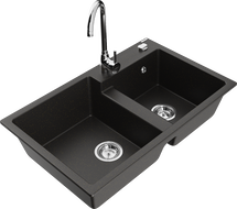 Mexen Tomas granite kitchen sink 2-bowl with Telma kitchen tap, black/gold metallic - 6516-75-670200-00
