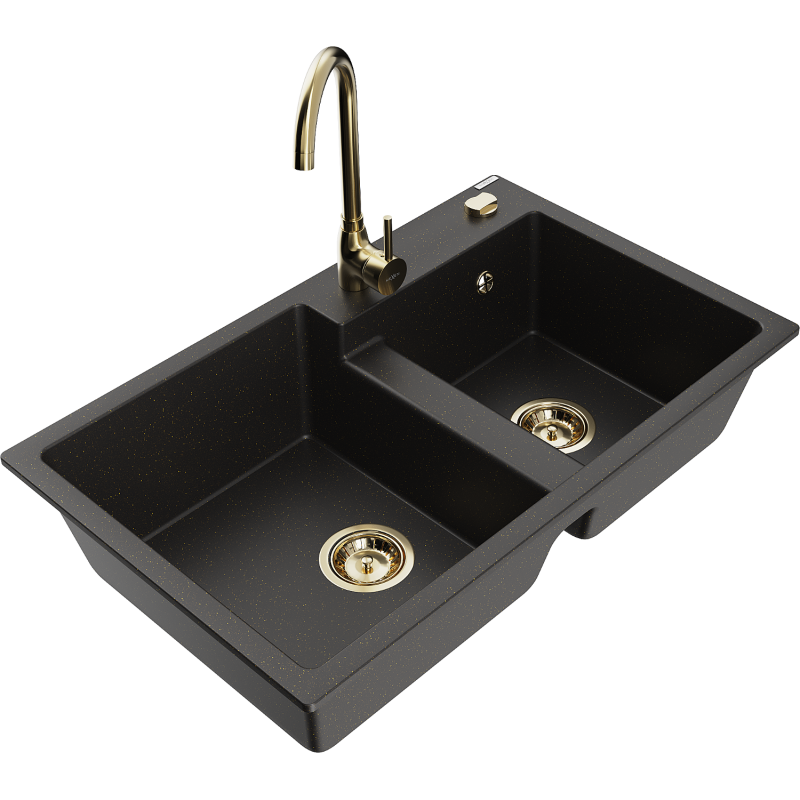 Mexen Tomas 2-compartment granite sink with a kitchen mixer tap Telma, Black/Gold metallic - 6516-75-670200-50