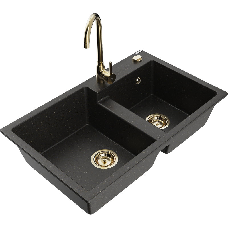 Mexen Tomas granite double-bowl sink with Telma kitchen faucet, black/golden metallic - 6516-75-670200-50