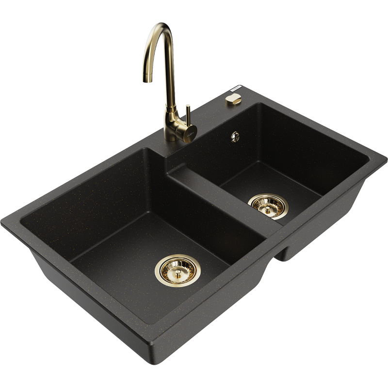Mexen Tomas granite kitchen sink with 2 bowls and Telma kitchen tap, black/gold metallic - 6516-75-670200-50