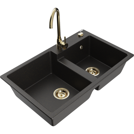Mexen Tomas 2-bowl granite kitchen sink with Telma faucet, black/gold metallic - 6516-75-670200-50