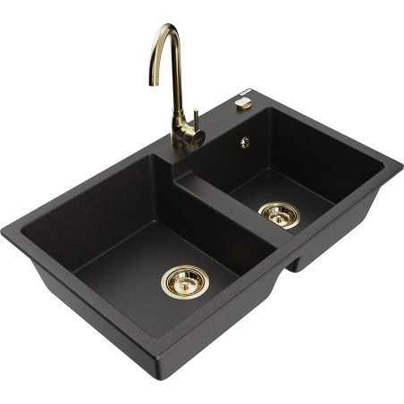 Mexen Tomas granite kitchen sink with 2 bowls and Telma kitchen tap, black/gold metallic - 6516-75-670200-50