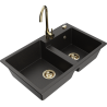 Mexen Tomas 2-bowl granite kitchen sink with Telma faucet, black/gold metallic - 6516-75-670200-50