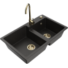 Mexen Tomas granite double-bowl sink with Telma kitchen faucet, black/golden metallic - 6516-75-670200-50