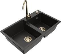 Mexen Tomas granite double-bowl sink with Telma kitchen faucet, black/golden metallic - 6516-75-670200-50