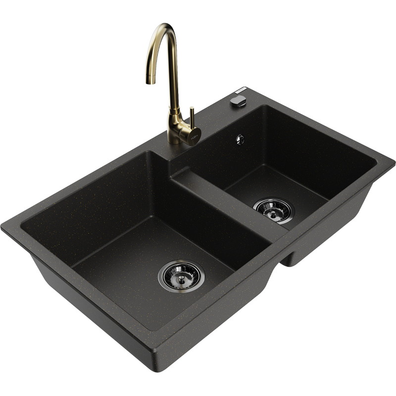 Mexen Tomas granite kitchen sink 2-basin with Telma kitchen faucet, black/gold metallic - 6516-75-670200-50-B