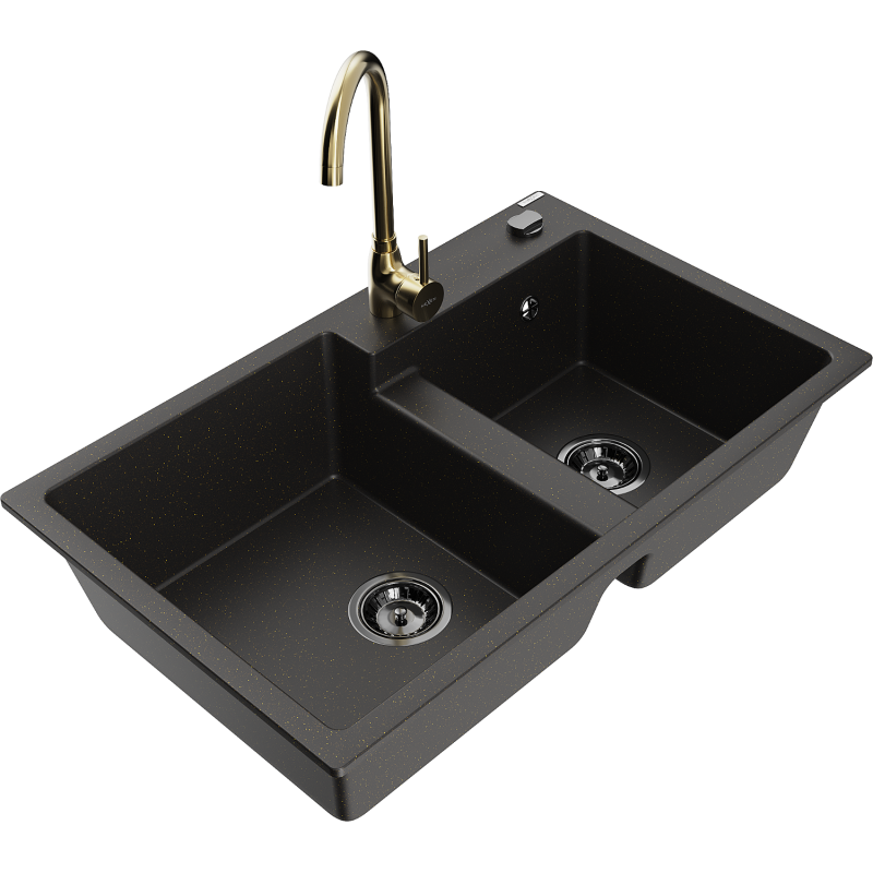 Mexen Tomas granite kitchen sink 2-chamber with Telma kitchen tap, black/gold metallic - 6516-75-670200-50-B