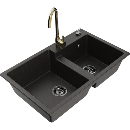 Mexen Tomas granit sink 2-bowl with Telma kitchen faucet, black/gold metallic - 6516-75-670200-50-B