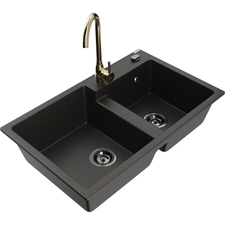 Mexen Tomas granite kitchen sink 2-chamber with Telma kitchen tap, black/gold metallic - 6516-75-670200-50-B