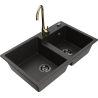 Mexen Tomas granit sink 2-bowl with Telma kitchen faucet, black/gold metallic - 6516-75-670200-50-B