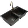 Mexen Tomas granite kitchen sink 2-basin with Telma kitchen faucet, black/gold metallic - 6516-75-670200-50-B