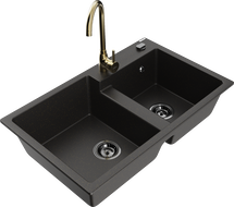 Mexen Tomas granit sink 2-bowl with Telma kitchen faucet, black/gold metallic - 6516-75-670200-50-B