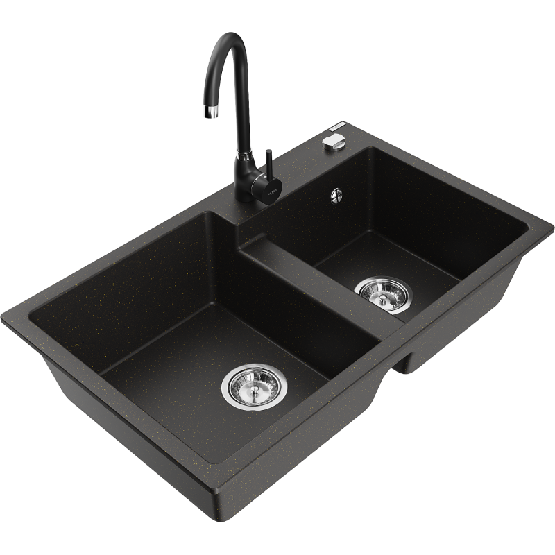 Mexen Tomas 2-compartment granite sink with a kitchen mixer tap Telma, Black/Gold metallic - 6516-75-670200-70