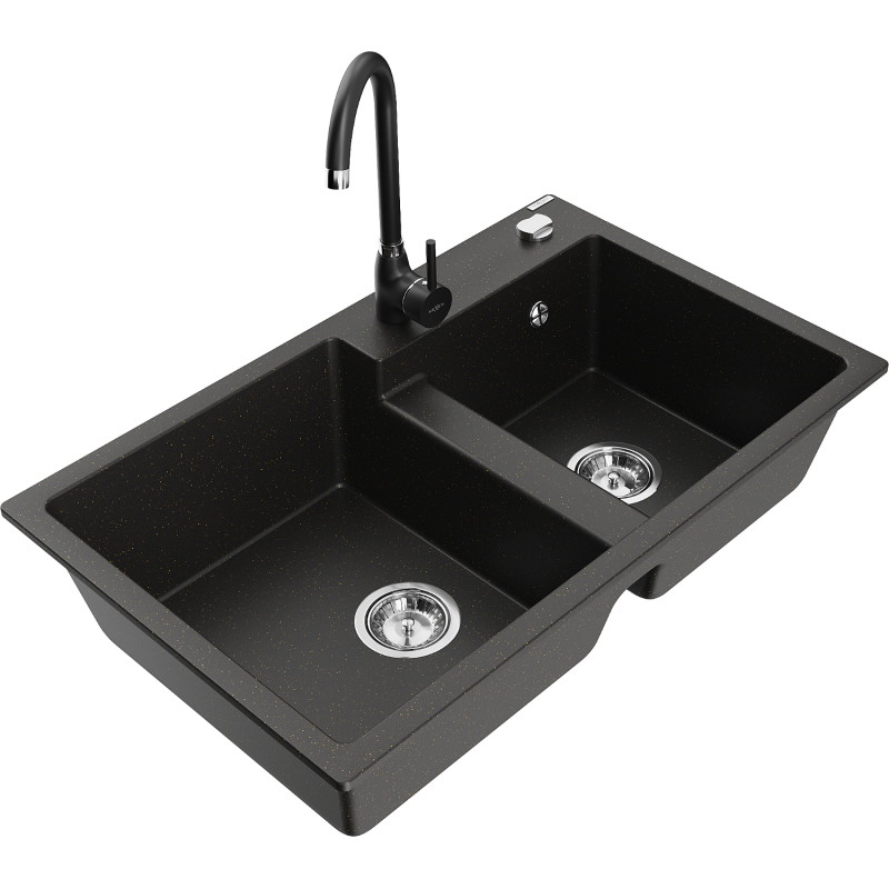 Mexen Tomas granite double-bowl sink with Telma kitchen faucet, black/gold metallic - 6516-75-670200-70