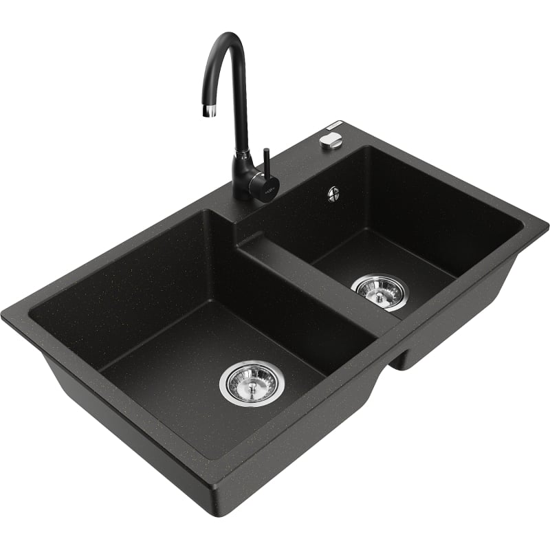 Mexen Tomas granite kitchen sink 2-bowl with Telma kitchen faucet, black/gold metallic - 6516-75-670200-70