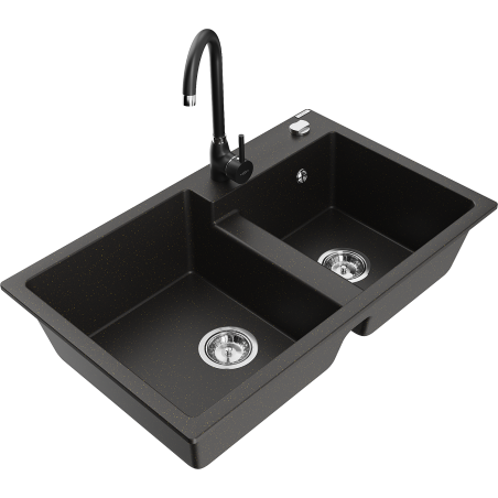 Mexen Tomas granite double-bowl sink with Telma kitchen faucet, black/gold metallic - 6516-75-670200-70