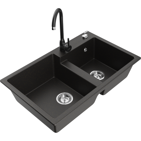 Mexen Tomas granite kitchen sink 2-bowl with Telma kitchen faucet, black/gold metallic - 6516-75-670200-70