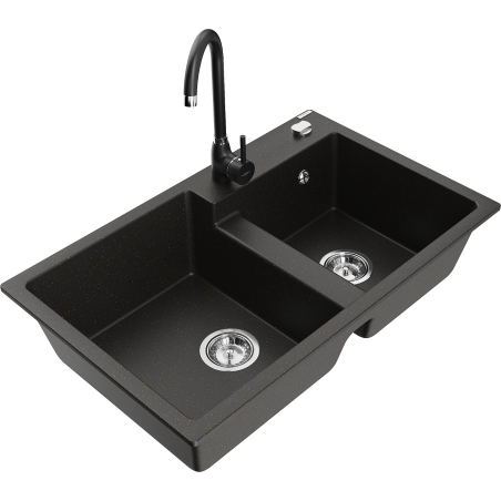 Mexen Tomas granite sink 2-bowl with Telma kitchen tap, black/gold metallic - 6516-75-670200-70