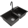 Mexen Tomas granite double-bowl sink with Telma kitchen faucet, black/gold metallic - 6516-75-670200-70