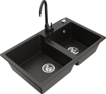 Mexen Tomas granite double-bowl sink with Telma kitchen faucet, black/gold metallic - 6516-75-670200-70