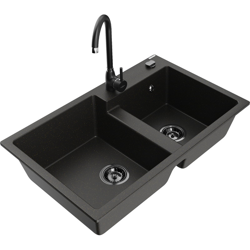 Mexen Tomas granite kitchen sink 2-bowl with Telma kitchen faucet, black/gold metallic - 6516-75-670200-70-B